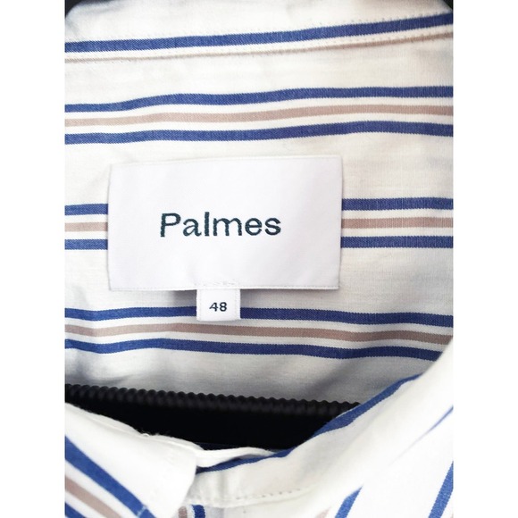 Palmes Men's Short Sleeve Striped Button Down Camp Shirt Blue White Tan Pocket - Picture 5 of 7